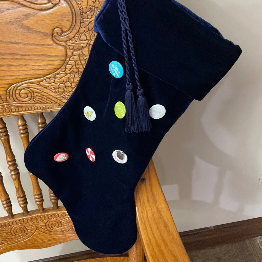 Christmas Stocking Target Dark Blue Velvet with Decorative Metal Buttons Vintage